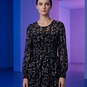 In Wear Size 16 Smocked Long-Sleeve Black Animal Print Midi Dress